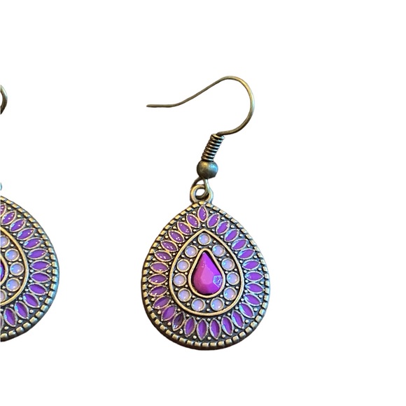 Boho Style Antique Gold and Purple Teardrop Drop Earrings - Picture 3 of 5